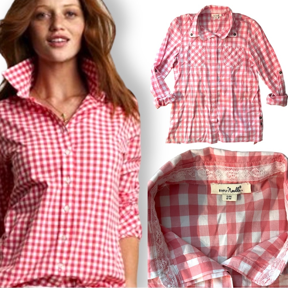 Pink Gingham Shirt Small Medium Simply Noelle Collared Button Down